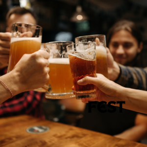 Friends toasting with different styles of beer glasses